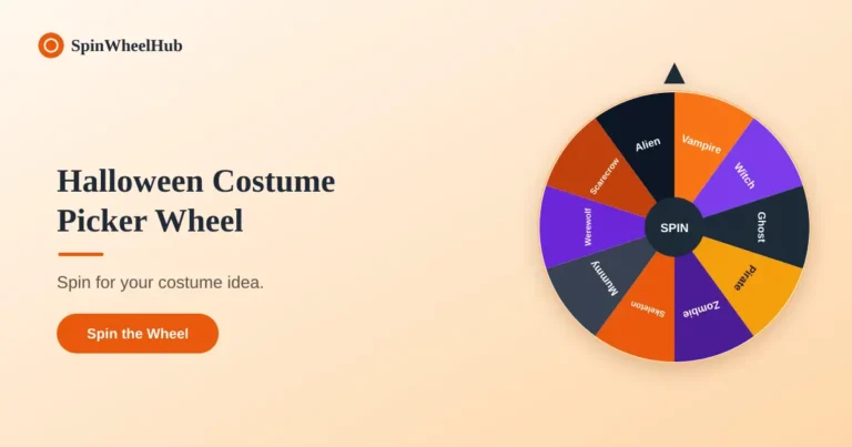 `Halloween Costume Picker Wheel Spinner featured image with an orange and black themed spin wheel.