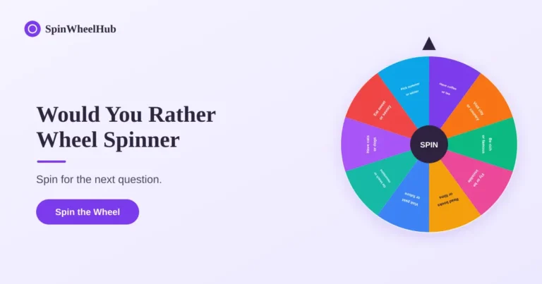 `Would You Rather Wheel Spinner featured image with a colorful ten-segment spin wheel.`